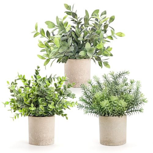 BTSD-home 3 Pack Mini Potted Artificial Plants Indoor Small Fake Plants Plastic Eucalyptus Plants for Shelf Desk Office Bathroom Kitchen Balcony Home Decor