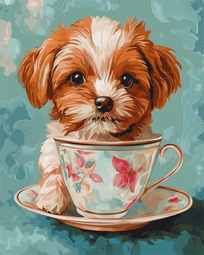 DIY Coloriage Adulte Numéroté（Cadre Diy）40x50cm Chien De Dessin Animé Et Tasse De Thé Kits De Peinture Par Numéro Kit De Peinture À L'Huile Sur Toile Art Artisanal Pigment Acrylique Dessin Peinture P