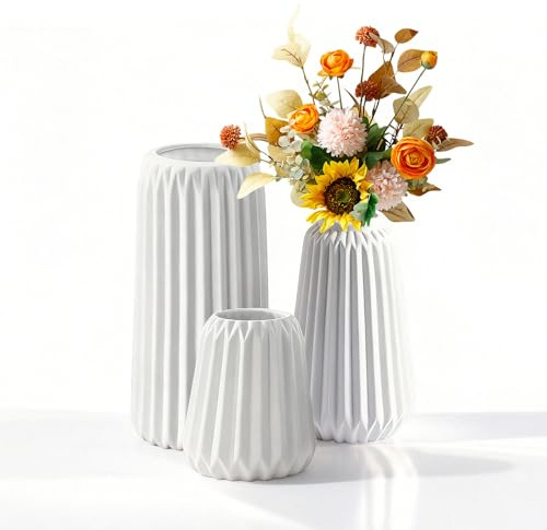 Weiße Keramik Vasen Moderne Home Vase Deko, Deco Matte Vase für Pampasgras | 3er Set Aesthetic Room Decor Boho Deko Blumenvase, für Pampasgras Trockenblumen, für Wohnzimmer, Tabelle