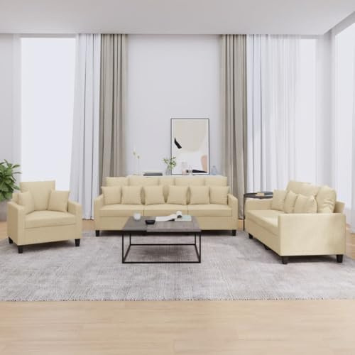 QJBSAVVA 3-TLG. Sofagarnitur Creme mit Sessel 78 cm & 2-Sitzer 138 cm & 3-Sitzer 198 cm aus strapazierfähigem Stoff und Holz-Metall-Gestell Bequemes Lounge Sofa für Wohnzimmer Balkon Jugendzimmer