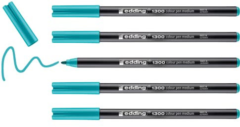 edding 1300 Fasermaler medium - türkis - 5 Stifte - Rundspitze 2 mm - Filzstift zum Zeichnen und Schreiben - Filzstift für Schule, Mandala, Bullet Journal