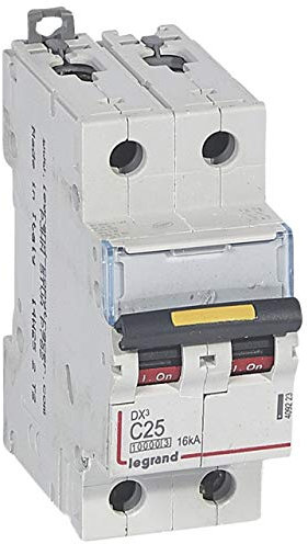 Legrand 409223 Disjoncteur DX³10000 16kA arrivée haute et départ bas à vis, 2P, 230V~ à 400V~, 25A, courbe C, 2 modules