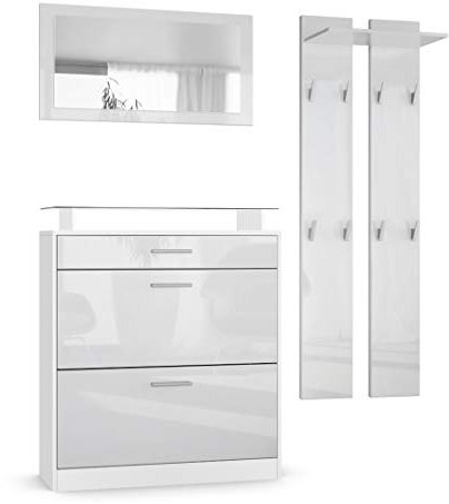 Vladon Garderobe Loret mini, Garderobenset bestehend aus 1 Schuhschrank, 1 Wandspiegel und 2 Garderobenpaneele, Weiß matt/Weiß Hochglanz