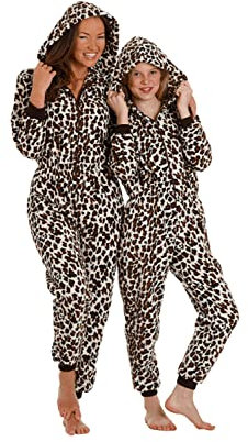 Camille Childrens Super Soft Fleece Onesie - Hooded All In One - Long Sleeved and Full Length with Elasticated Cuffs and Ankles Brown Snow Leopard Print 12-14 Years