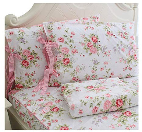 FADFAY Sheet Set Cal King Farmhouse Bedding Vintage Rose Floral Bedding 100% Cotton Super Soft Hypoallergenic Summer Bedding Deep Pocket Fitted Sheet 4-Pieces California King Size