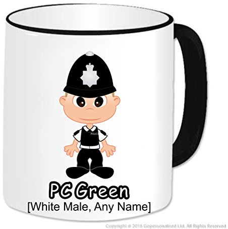Personalised Police Mug - Add Name Message. Policeman with High Helmet (White Male) (Black Handle & Rim)