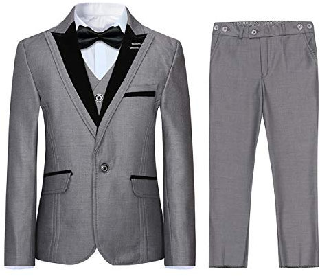 Sliktaa Boys 3 Pieces Wedding Suits Prom Pageboy Tuxedo Shawl Lapel Slim Fit Tux Jacket Vest Pants 6 Colors , 12/150, Grey