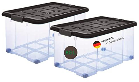 Novaliv 2x Euroboxen mit Deckel Rollen 80l 61x40x46 transparent Grau Anthrazit Aufbewahrungsboxen Maxi Stapelboxen Kisten Boxen Kunststoffkiste Lagerbox Spielzeugbox