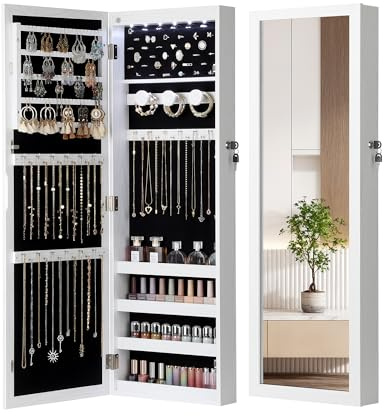 Nicetree 6 LEDs Mirror Jewelry Cabinet, Large Capacity Lockable Jewelry Armoire Organizer, Door or Wall Mounted Mirror with Jewelry Storage, Gift Idea, White
