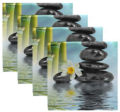 MNSRUU Servietten mit Zen-Steinen und Bambus-Stoff, waschbar, wiederverwendbar, Polyester, 50,5 x 50,5 cm, für Zuhause, Hochzeiten, Partys, Urlaub, Tischservietten, 4er-Set