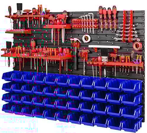 Lagersystem Werkstattregal - 1152 mm x 780 mm - Wandregal mit 44 Stück Blau Stapelboxen und Rot Werkzeughalter - Schüttenregal Wandplatten Extra Starke System