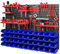 Lagersystem Werkstattregal - 1152 mm x 780 mm - Wandregal mit 44 Stück Blau Stapelboxen und Rot Werkzeughalter - Schüttenregal Wandplatten Extra Starke System