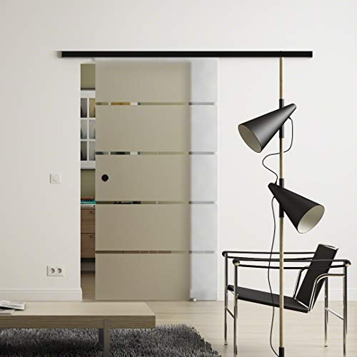SoftClose-Glas-Schiebetür 775x2050 mm waagerecht gestreift Sadora® Slimline-System komplett Laufschiene in Schwarz und Muschelgriffen
