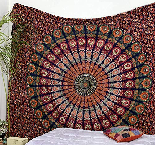 Popular Handicrafts Wandteppich, Hippie-Mandala, Bohemian, Hippie, psychedelisches Design, indische Wandteppiche, Pfau, Meditation, Tagesdecke, 140 x 150 cm, Marineblau