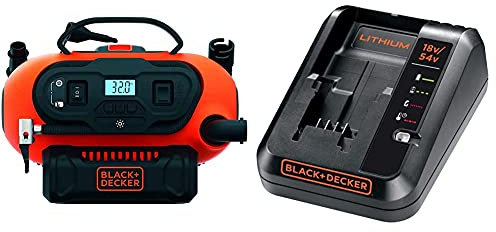 Black+Decker BDCINF18N-QS 11.0 Bar Kompressor/Luftpumpe (mögliche Stromquelle: 12V-/230V-Anschluss oder 18V Akku) & Ladegerät (18V/54V, 2 A, für das 54V-Akku-System) BDC2A