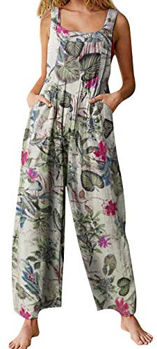 YILEEGOO Salopette in cotone e lino, da donna, casual, con gamba larga e pantaloni Beige#1. M