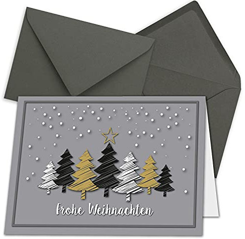 NEUSER PAPIER 15x Weihnachtskarten-Set DIN A6 in Grau mit Weihnachtsbäumen in Scratch-Optik - Faltkarten mit Umschlägen DIN C6 Anthrazit mit Nassklebung - Weihnachtsgrüße für Firmen und Privat