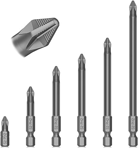 Hakkin 6pcs Screwdriver Bits PH2 Anti-Slip Magnetic Phillips Impact Driver Bit Set S2 Steel Anti-Slip Screwdriver Bits Set 1/4 Hex Shank Drill Bits for Electric Screwdriver Length 25mm-120mm