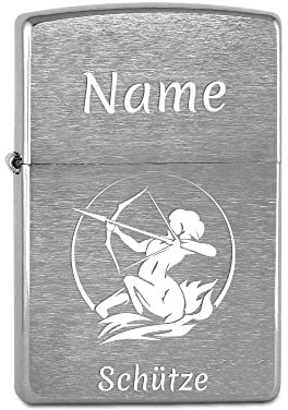 Zippo Feuerzeug Chrome Brushed Sternzeichen (Schütze) mit Gravur nach Wunsch - personalisiertes Benzinfeuerzeug