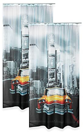 Haus und Deko Voile Vorhang 2er Set 140 x 245 cm Kräuselband Digitaldruck New York City halbtransparent lichtdurchlässig Gardine Dekoschal Wohnzimmer Schlafzimmer Fensterschal