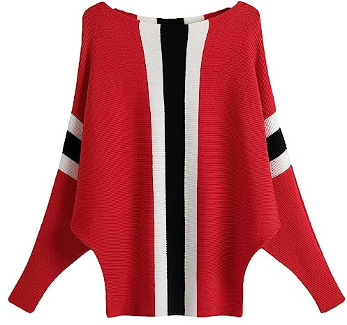 FULIER Pull Femme Col Bateau Pull Tricoté Bat Manches Longues Casual Loose Sweater Taille Unique (Rouge-2)