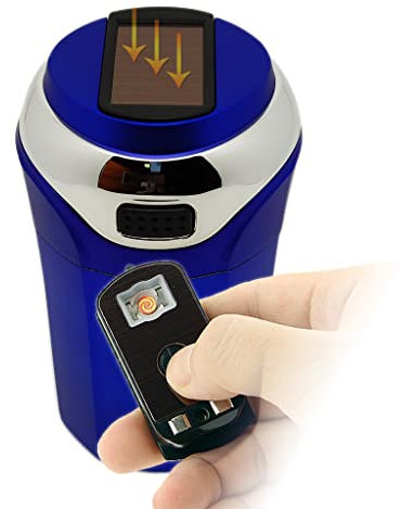 Auto Aschenbecher mit Solar Feuerzeug und LED Licht, kein Aufladen, Abnehmbarer und tragbarer Zigarettenanzünder (Blau)