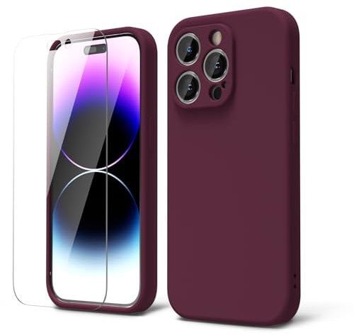 oakxco for iPhone 14 Pro Phone Case Liquid Silicone, Cute Thin Slim Soft Rubber TPU Plain Smooth Gel Cover for Women Girl, Matte Solid Protective & Shockproof, Burgundy Plum Wine