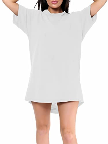 Love My Fashions® Women’s Plain Cotton Night Wear Long T-shirt soft and comfy Nightdress for ladies With Front Pocket Crew Neck Short Sleeves Nightie Sleepwear Top plus White