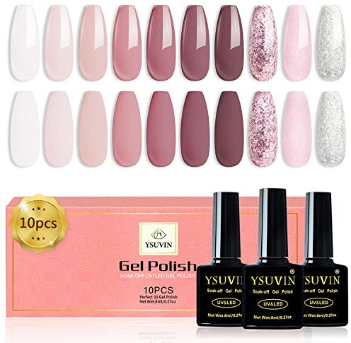 Yueshop Gel Nail Polish,10PCS Nude Pink Glitter Silver White Gel Polish Set Soak Off UV Lamp Nail Polish DIY Manicure Set For Women, 8ml