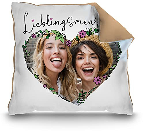PR Print Royal Fotokissen mit Spruch - Lieblingsmensch - zum selbst gestalten Kissen mit Foto in Herzform - Geschenke zum Jahrestag | inkl. Füllung, Rückseite Mokka, 40 x 40 cm