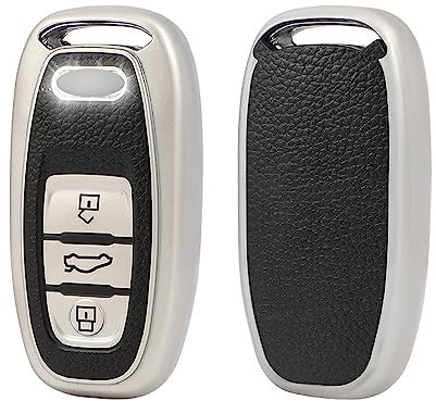 ontto TPU Schlüsselhülle Cover Passt für Audi A1 A3 8V A4 B8 B9 A5 A6 C7 A7 A8 Q3 Q5 Q7 S4 S6 S7 S8 R8 TT Keyless Autoschlüssel Hülle Schlüsselanhänger Schutzhülle Schlüsseletui 3 Taste-Leder Silber B