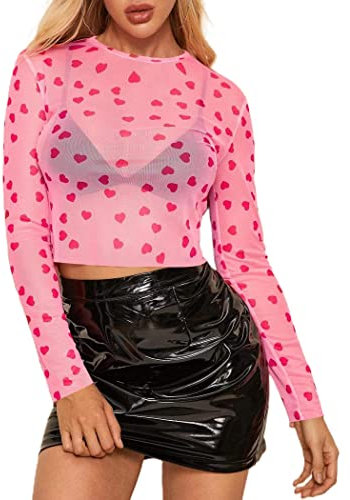 Sofia's Choice Damen Sexy Herz Crop Top Oberteile Rundhals Mesh Sheer Langarm T Shirt Top Rosa S
