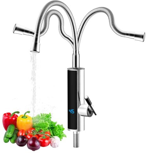 3000w Elektrische Wasserhahn mit Durchlauferhitzer | 360º Temperaturanzeige Elektrischer Wasserhahn Mischdrehung Küchenarmatur | Wasserhahn aus Edelstahl 304 für Küche, Bad, Wohnwagen(Silber)