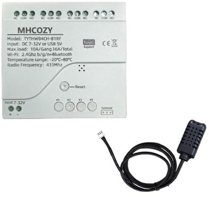 MHCOZY Tuya - Interruptor de relé inalámbrico con sensor de temperatura inteligente, aplicación remota de contacto, funciona con Alexa Google Home (temperatura humedad, 4CH), TYTHWB4CH-B1RF