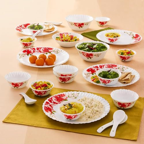 Four Leaf Rose Red Silk Series Opalware Floral Dinner Set | 27 Pieces for Family of 6 | Microwave & Dishwasher Safe | Bone-Ash Free | Crockery Set for Dining & Gifting | Plates & Bowls | White