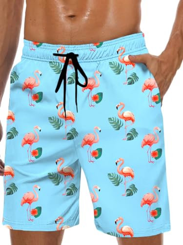 Lzzidou Short de bain pour homme avec doublure en maille à séchage rapide, Bleu flamant rose, Large