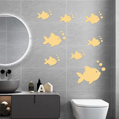 AINIUNIU 8 Piezas 3D Peces Tropicales Efecto de Espejo Pegatinas de Pared Diseño de Moda Etiquetas del Arte Decoración del Hogar, Adhesivo de Pared de Espejo Extraíble, Oro