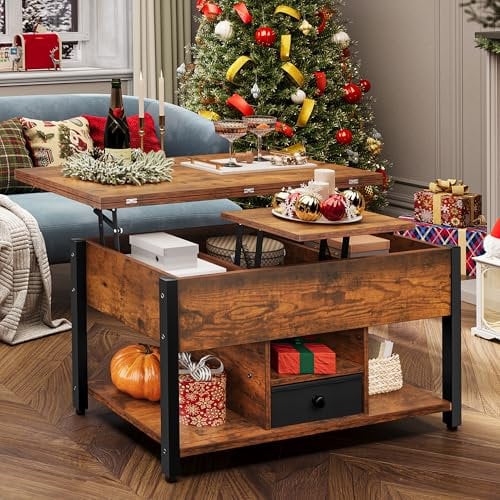 YITAHOME Couchtisch mit Höhenverstellbarer, 4-in-1-Multifunktions-Couchtisch mit Stauraum, Couchtisch lässt Sich in einen Esstisch für das Wohnzimmer umwandeln, Vintage-Braun
