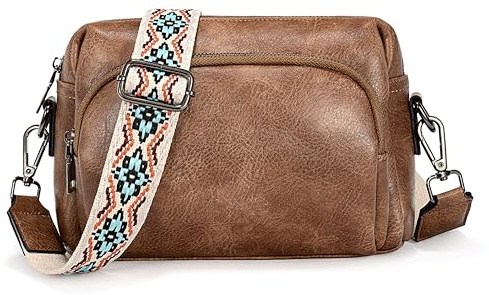 UTO Kleine Umhängetasche Damen Stylisch PU Leder Vielen Fächer Breiter Gurt Crossbody Bag mit Verstellbarer Schultergurt Schultertasche Kunstleder Braun