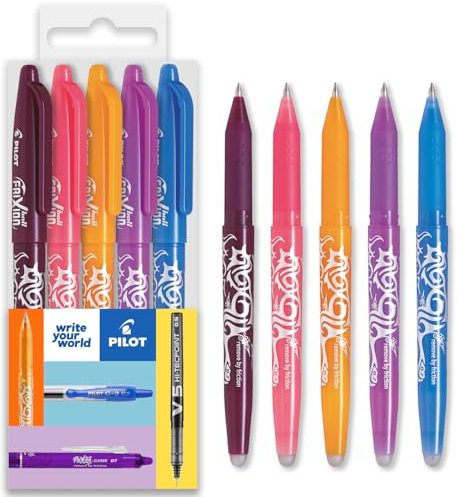 PILOT Frixion Heat / Friction radierbarer Tintenroller FR7, mittlere Strichstärke, 0,7 mm Spitze, Kissenfüllung, 5 Stück, Weinrot, Korallenrosa, Aprikosenorange, Violett und Himmelblau