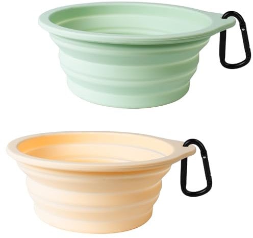 PetBonus Hundenäpfe Faltbar Hundenapf, 2 Stück Silikon Wassernapf für Hunde Unterwegs, Tragbar Auslaufsichere Reisenäpfe mit Karabiner für Hunde Katzen für Wasser und Futter (Helles Mint, Beige Creme)