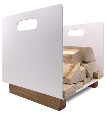 ZUSCHNITTPROFI.DE® Design Kaminholz-Korb aus Stahl Weiss pulverbeschichtet (40 x 34 x 30 cm) – handgefertigtes Kaminholzregal mit Griffen und Eichen-Holz-Standfüßen – Kaminholzständer für Innen