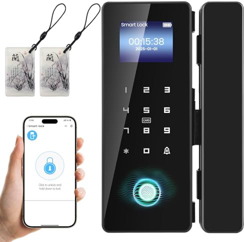 Luqixcey Smart Door Lock, Biometric Fingerprint, Black, 4-in-1 Bluetooth, Card, Password, App Unlock, Waterproof, Office, Home, Hotel, Villa, Workplace