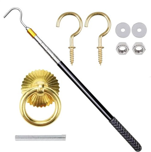 Loft Ladder Pull System Kit, Loft Ladder Pole With Hook, Loft Pull System Hook Set, Extension Pole And Copper Storage Hooks, Handle, Parts Tool For Home, Hotel