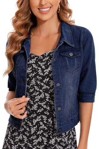 YOUNIFIZ Women's Short Denim Jacket 2025 Lapel Stretch Jean Coat Button Trendy 3/4 Sleeve Cropped Denim Jackets