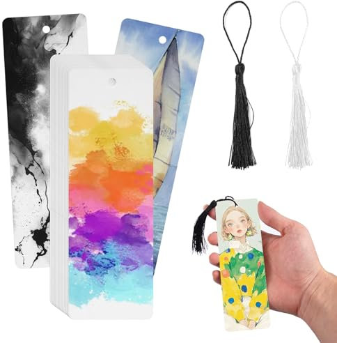 50 Stück Lesezeichen Blanko 5cm X 15cm, 50 Stück Quasten, 300 g/m² Lesezeichen Blankoaquarellpapier, Lesezeichen aus Papier mit Loch zum Schreiben, Kritzeln, Malen, Kleben, DIY Ihren Eigenen Stil