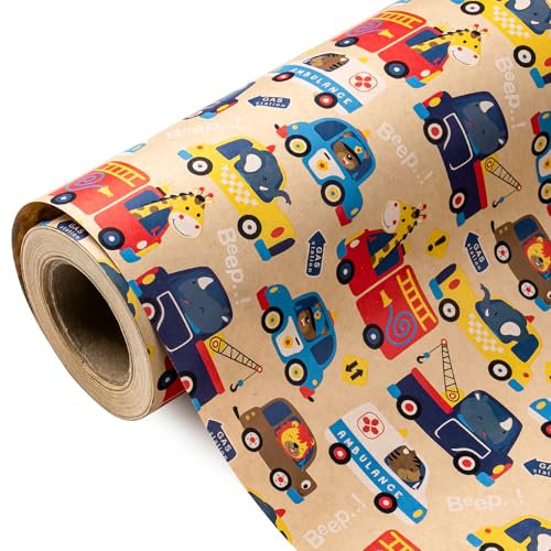 WRAPAHOLIC Kraft-Auto-Geschenkpapier – Mini-Rolle – 43,2 cm x 5,2 m – bezauberndes Polizei-Feuerwehrautos Tier-Design, perfekt für Kindergeburtstage, Jungen, Geburtstag, Babyparty
