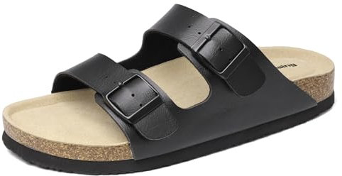 Mesing Mules Sandales Femme Homme Été Plates Boucle Bout Ouvert Nu-pieds Confortable Cuir Suédé Pantoufles en Liège XZ490-Black-EU43