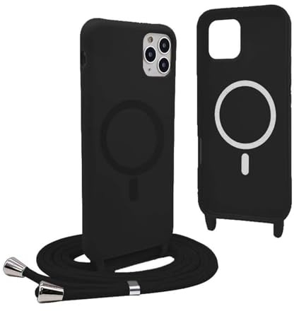 Magnetic Cover for iPhone 13 Pro with Lanyard, Compatible with MagSafe, Silicone Case with Adjustable Neck Strap Nylon Chain Necklace – Black
