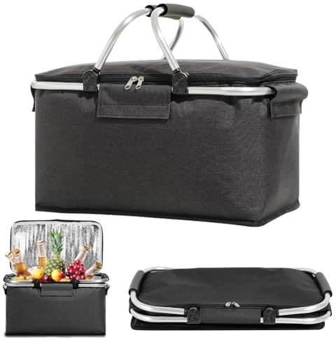 Einkaufskorb 18L Faltbarer Einkaufskorb Kühltasche Picknickkorb Klapprahmen aus Aluminiumlegierung mit gepolstertem Tragegriff & Reißverschluss-Isolierung für Reisen/Picknick/Einkaufen